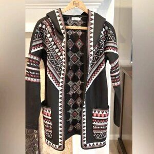 Tasha Polizzi Hooded Embroidered Red Black Open Front Cardigan Sz S Aztec